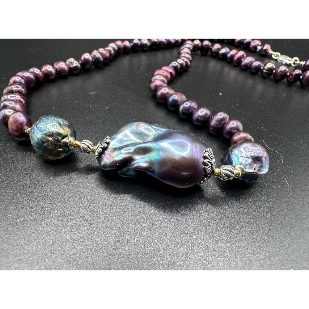 Baroque purple pearl necklace 925 sterling silver bi metal gold and silver jewel